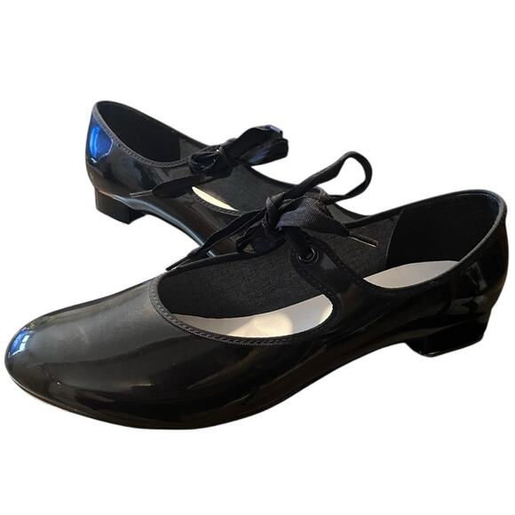 Award Citation Womens Tap Dancing Shoes Womens 10M Black Ribbon Tie Heel & Taps - Picture 1 of 9